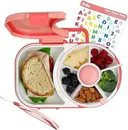 [GoBe] Kids Lunchbox with Small Snack Spinner Flip - Bundle with Hand Strap & Sticker Sheet, 2-in-1 Bento Style Lunch Container, 5 Small +1 Large Sandwich Compartment, BPA & PVC Free - Coral Pink