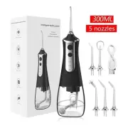 Black 300ML Cordless Water Flosser with 5 Nozzles - Rechargeable Portable Oral I