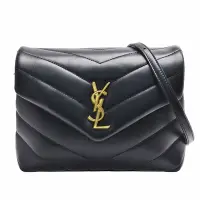 在飛比找Yahoo奇摩購物中心優惠-YSL LOULOU系列V字縫線金色金屬LOGO小牛皮斜背包