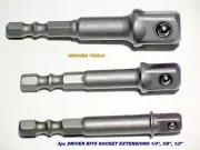 3pc DRIVER BIT SOCKET EXTENSIONS ( 1/4", 3/8", 1/2" )