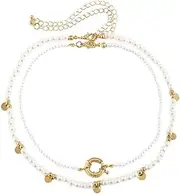 [HAMYUTA] Y2K Pearl Bead Necklace for Women Double Strand Pearl Choker Necklaces Gold Plated Paperclip Link Chain Necklace for Women Girls Summer Y2k Jewelry (layered pearl)