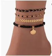Black & Gold Anklets for Women Waterproof Ankle Bracelets Set Cuban Link Chain