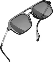 [grinderPUNCH] Retro Square Sunglasses for Womens Mens Vintage 70s Style Double Bridge Sunglasses (Black), Black, Black