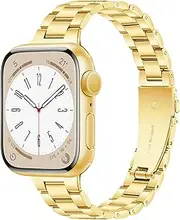 [Vamyzji] Metal Band Compatible with Apple Watch Strap 49mm 45mm 44mm 42mm for Women/Men, Stainless Steel Slim Metal Apple Watch Band for Ultra 2,Ultra, Series 9 8 7 6 5 4 3 2 1 SE (Gold)