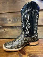 Men's Rodeo Genuine Leather Cowboy Square Toe Boots Bull Dog Tooled-3000v-4008