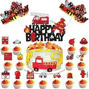 Fireman Cupcake Cake Topper Fire Hydrant Truck Firefighter Helmet Themed for Kids Boy Girl Happy Birthday Cake Decorations 33Pcs Party Supplies
