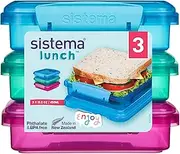 [Sistema] 3-Piece Sandwhich Containers for Lunch Boxes and Meal Prep, Dishwasher Safe, 1.9-Cup, Blue/Green/Pink