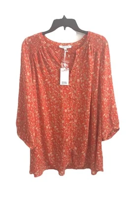 Rose & Olive Blouse Women’s Bright Orange Floral Boho Peasant Top 3/4 Sleeve