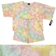 Vtg NEW 90s Deadstock Tee Shorts Set Pastel Rainbow Lace Hearts Cotton Medium