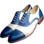 Men's Blue & White Oxford Cap Toe Genuine Leather Lace Up Formal Shoes Custom