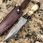 13" Damascus Steel Fixed Blade Horn Handle Hunting Knife