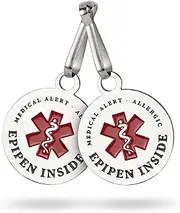 [BreezyPacks] EpiPen Bag Tag (2 Units) | Medical Alert Tag for Bag | Durable, Double-Sided Metal Tags | 3cm / 1.25 inch Diameter | Clips onto Any Zipper