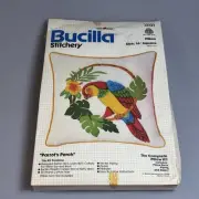 Vintage Bucilla Crewel Pillow Kit Parrots Perch Wool Yarn Linen Cotton Fabric