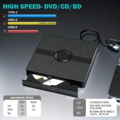 External CD DVD Drive For PC Laptop Windows 11 10 Reader USB Burner Writer