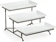 3 Tier Serving Stand Collapsible Sturdier Rack with 3 Porcelain Serving Platters Tier Serving Trays for Fruit Dessert Presentation Party Display Set