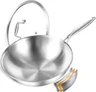 Tri-Ply Stainless Steel Wok, 12.5 Inch Induction Wok, Flat Bottom Wok with Lid,