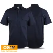 Mens Navy Close Front Cotton Drill Short Sleeve 150g Work Shirt XXS~5XL 6WKCF