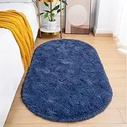 Fluffy Bedroom Rug, Light Navy Small Rugs for Bedroom, Oval Shaggy Bedside Carpet 2.6 x 5.2 Feet Cute Rug for Dorm Kids Room Nursery Home Decor