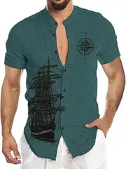 [HanzhuoLG] Men's Retro Compass Sailing Boat Print Short Sleeve Shirt Hawaiian Beach Vacation Shirt Color4 XL