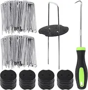 Glarks 201Pcs Garden Stakes Staples Kit, 100Pcs 6 Inch U-Shaped Landscape Staples, 100Pcs Fixing Gasket with 1Pc Pick Hook for Weed Barrier Fabric, Ground Cover, Holding Fence and Artificial Turf