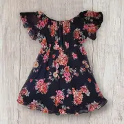 Torrid Women's Dress Size 00 Black Floral Chiffon Skater Lined Elastic Shoulders
