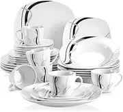 VEWEET, Series Fiona, 30-Piece Ceramic Dinnerware Set with Black and Gray Stripes, Ivory White Porcelain Square Set, including Dessert Plates, Soup Plates, Dinner Plates, Cups & Saucers, Service for 6
