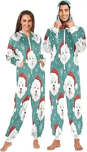 [ZZXXB] Bichon with Xmas Hat Onesie Pajamas for Adult Women Men Long Sleeves One Piece Onesies Hooded Sleepwear S - XL