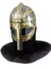 MEDEIVAL ANCIENT WAR HELMET WITH CHAINMAIL CURTAIN IN BRASS AND STEEL FINISH.