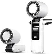 5000mAh Portable Handheld Fan with Cooling Chip & Flashlight – Rechargeable, Neck Strap, Desk Stand, Infinite Speeds for Outdoor, Office, Camping (White)