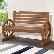[ALFORDSON] Outdoor Wagon Wheel Bench Rustic Appearance, Fir Wood Lawn 2-Seater Furniture with Armrests for Patio Garden Park Porch, UV-Resistant Armchair Lounge, 300kg Max Natural Color