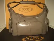 NEW TOD'S East West Dark Gray Small Patent Leather Silver Shoulder Bag Handbag