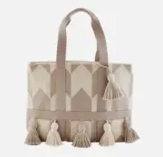 Mud Pie Beige Handloom Large Tassel Tote 18”x 13”