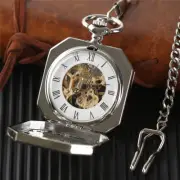 Men's Mechanical Pocket Watch with Tiger Case Roman Numerals Fob Watches Silver