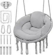Monibloom Hanging Hammock Chair with Full Cushion, Adults Indoor Hammock Swing with Max 350 Lbs Capacity, Outdoor Macrame Hanging Chair with Boho Tassels, Home Accent Furniture Chair Swing, Grey
