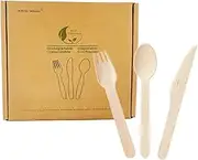 Wooden Cutlery Set 150 Pcs for Party Eating Picnic, 100% Biodegradable Compostable Eco-Friendly Disposable Natural Birchwood Utensils Set of 50 Wooden Knives, 50 Wooden Forks, 50 Wooden Spoons