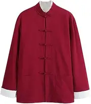 [NTWSHS] Chinese Clothing Cotton Tang Suit Men Tai Chi Uniform Long Sleeve Chinese Traditional Clothes Tops,Hanfu Jacket Kung Fu Clothing Shirt Coat Martial Arts Suit(Red,M-L)