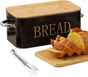 Bread Box with SUS304 Food Tong,Metal Bread Container with Air Valve&Bamboo Cutting Lid,Bread Bin with Metal Handles for Food Storage (Black)