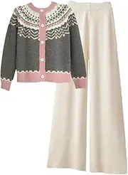 [Generic] Womens Outfits Korean Sweet Vintage Patchwork Knitwears Cardigan+Wide Leg Pant 2 Pcs Set