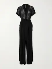 [Norma Kamali] Norma Kamali - Geralyn Belted Paneled Jersey And Mesh Jumpsuit - Black - small small Black