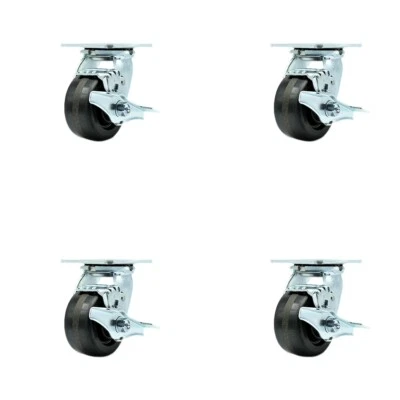 4 Inch Phenolic Swivel Caster Set with Ball Bearings and Brakes Service Caster