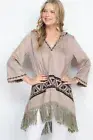 Mocha Brown Faux Suede Bohemian Hooded Top Size Small Embroidered Fringe Boho