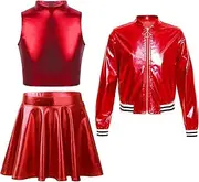 [Hedmy] Kids Girls Jazz Hip Hop Dance Outfits 3Pcs Shiny Metallic Crop Tops with Bomber Jacket and Skirt Sets