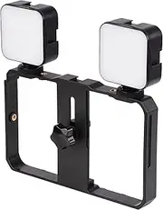 RAYWE Mini LED Video Light 5W Photography Fill-in Lamp 6500K Dimmable, 2pcs+Handheld Smartphone Video Bracket Phone Stabilizer Cage with Phone Holder 3 Cold Shoe Mounts