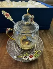 Vintage Glass Tea Cup & Saucer Set W/ Lid And Spoon Enamel Daisy Flower Coffee