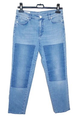 P_JEAN sz 27 JEANS SLIM STRAIGHT MID RISE BLUE DENIM ITALY ANKLE LENGTH PATCHES