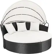 Homall Patio Outdoor Daybed with Retractable Canopy, Rattan Wicker Sectional Seating with Washable Cushions for Patio Backyard Porch Round Daybed Separated Seating (Beige)