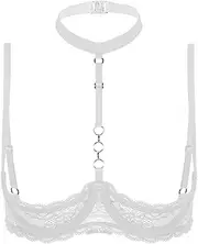 [Vxuxlje] Women's Sexy Sheer Lace Unlined Bra Halter Neck Push Up Underwired Balconette Bra Tops