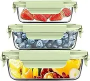3 Pack Glass Food Storage Containers, Meal Prep, Airtight Bento Boxes with Leak Proof Locking Lids, for Microwave, Oven, Freezer and Dishwasher, BPA Free, 13.9oz, 24oz, 35oz (Transparent Green)