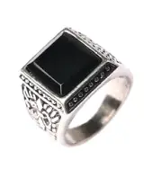 Square black engraved real stone sterling plated ring BRX028 vintage style jewel