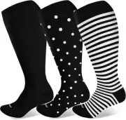 3 Pair Levsox Plus Size Compression Socks Knee High Wide Calf 20-30 mmHg L Black